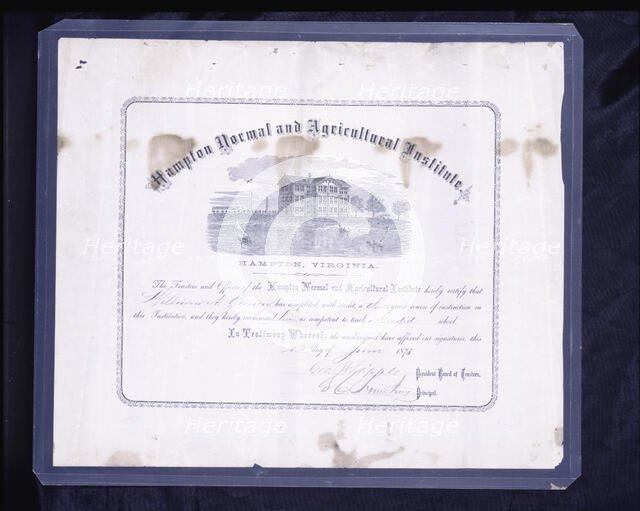 Diploma awarded to William A.Yancey by Hampton Normal and Agricultural Institute, June 12, 1873. Creators: Unknown, Samuel Smith Kilburn.