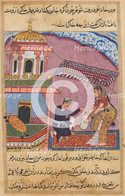 Page from Tales of a Parrot (Tuti-nama): Eighth night: The husband berates his wife..., c. 1560. Creator: Unknown.
