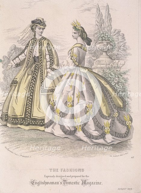 Two women model the latest fashions, 1863. Artist: Anon