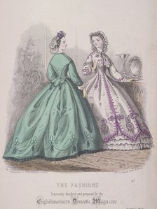 Two women wearing the latest fashions, 1864. Artist: Anon