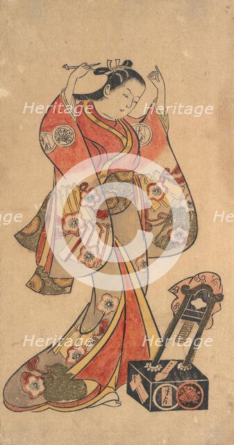 Portrait of Sanjo Kantaro in the Female Role of Yaoya Oshichi in the Play "Fuji no ..., ca. 1730-40. Creator: Attributed to Torii Kiyomasu II.