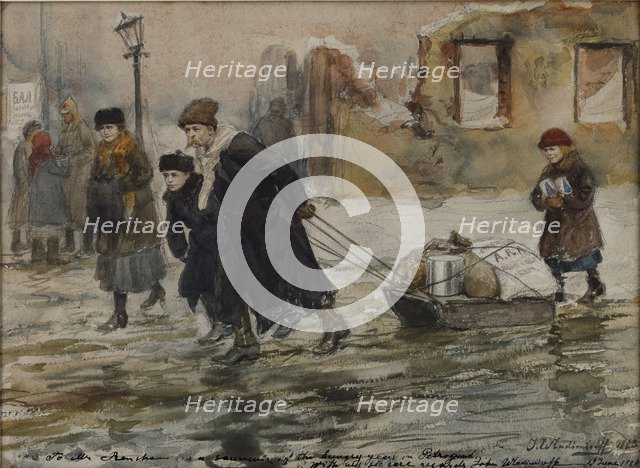 Transporting food on a sled, 1923.