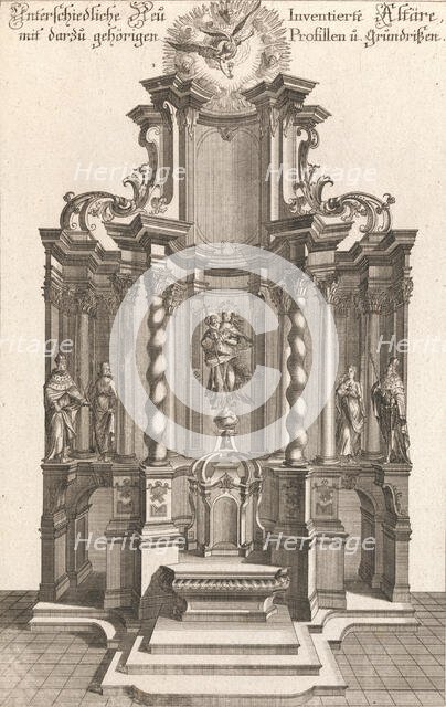 Design for a Monumental Altar, Plate g from 'Unterschiedliche Neu Inventier..., Printed ca. 1750-56. Creator: Johann Michael Leüchte.