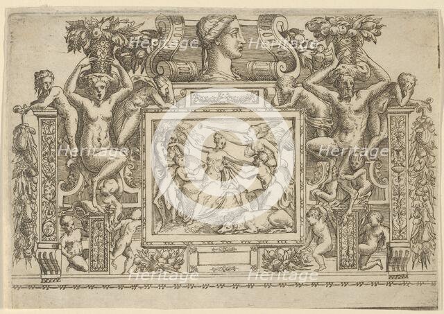 Woman seated with arms outstretched, personification of Fame with trumpet at right,..., ca. 1540-80. Creator: Battista del Moro.