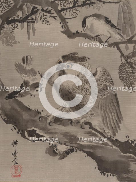 Owl Mocked by Small Birds, ca. 1887. Creator: Kawanabe Kyosai.