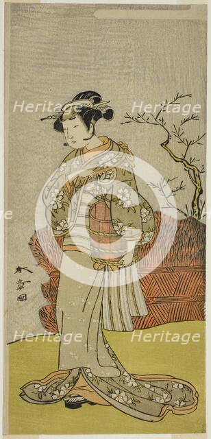 The Actor Yamashita Kinsaku II as Osaku (?) in the Play Onna Aruji Hatsuyuki no Sekai,..., c. 1773. Creator: Shunsho.