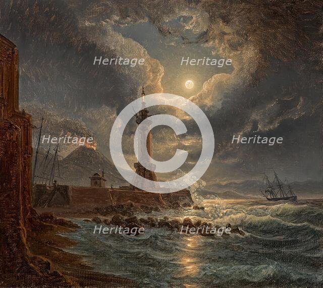 Lighthouse in the harbor of Naples in the moonlight, 1827. Creator: Joseph Rebell.