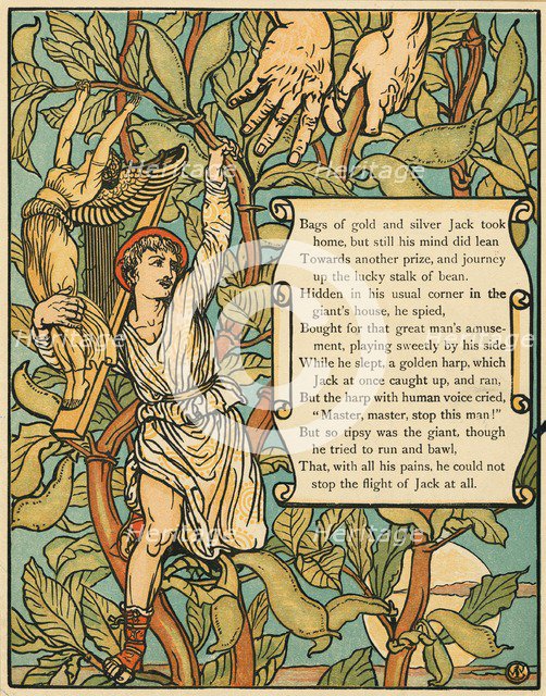 Jack descending the Beanstalk from Jack and the Beanstalk pub. 1875 (colour lithograph), 1875. Creator: Walter Crane (1845 - 1915).