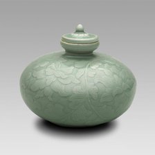 Covered Oil Bottle with Flowering Lotus and Scrolling Leaves, North Korea, Goryeo..., 12th century. Creator: Unknown.
