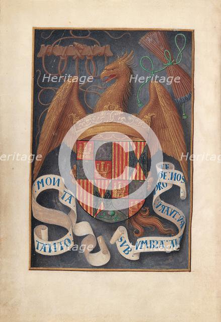 Hours of Queen Isabella the Catholic, Queen of Spain: Fol. 1v, Arms and Mottoes of Isabel..., c1500. Creator: Master of the First Prayerbook of Maximillian (Flemish, c. 1444-1519); Associates, and.