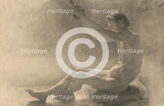 Study of a seated male nude with raised arms, 1893. Creator: Jozef Hanula.