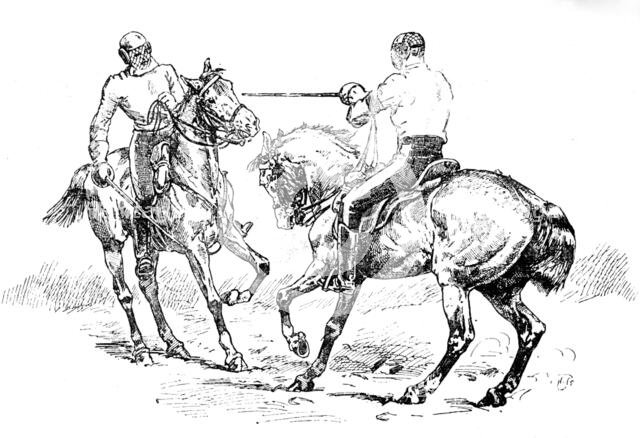 Sketches at the Royal Military Tournament...: fencing on horseback, 1890. Creator: Unknown.