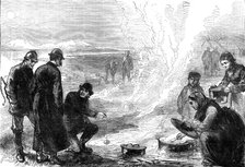 The Tourist in Iceland: on the road to the geysirs - boiling eggs in the hot springs, 1881. Creator: Unknown.