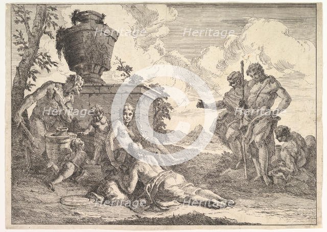 Satyr with Club and Seven Figures, from "Bacchanals and Histories", 1744. Creator: Francesco Fontebasso.