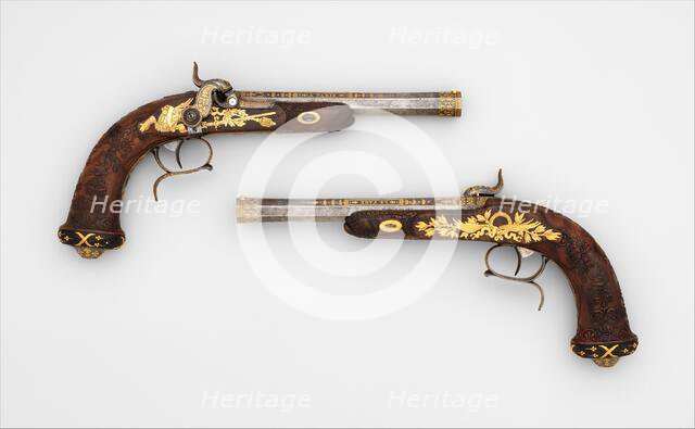 Cased Pair of Percussion Target Pistols with Loading and Cleaning Accessories, French, Paris, 1829. Creator: Jean André Prosper Henri Le Page.