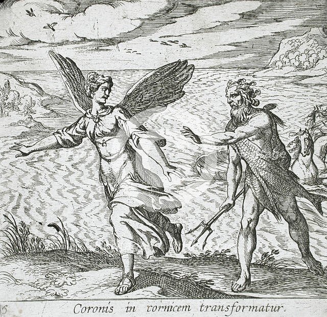 The Daughter of Coroneus Changed into a Crow, published 1606. Creators: Antonio Tempesta, Wilhelm Janson.