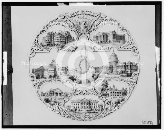 Washington buildings in a plaque or plate design invented by George R. Pohl..., c1900-1910. Creator: Unknown.