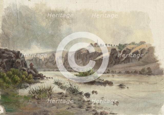 Church on a bank above a river, 1860-1900. Creator: Jan Nowopacký.