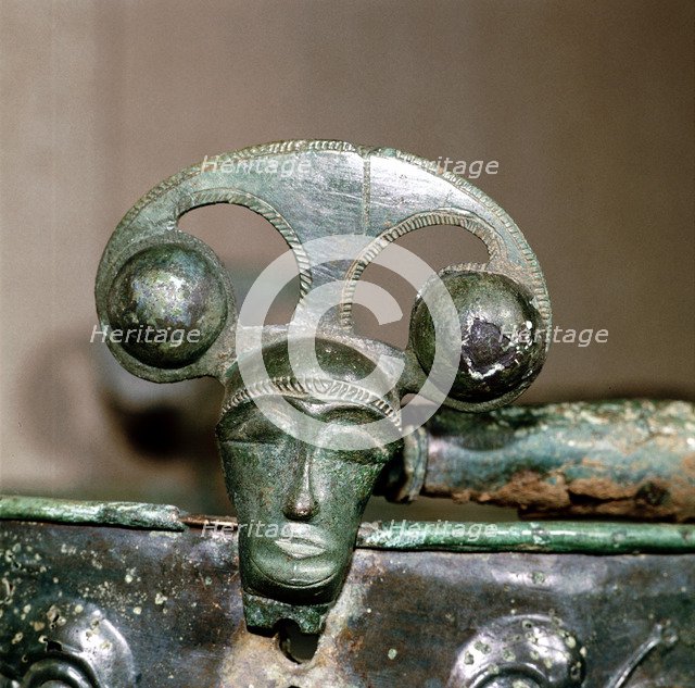 Celtic bronze head on bucket, Aylesford, Kent, England, c1st century BC. Artist: Unknown