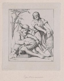 Two men sheep shearing, ca. 1842. Creator: Eduard Julius Friedrich Bendemann.