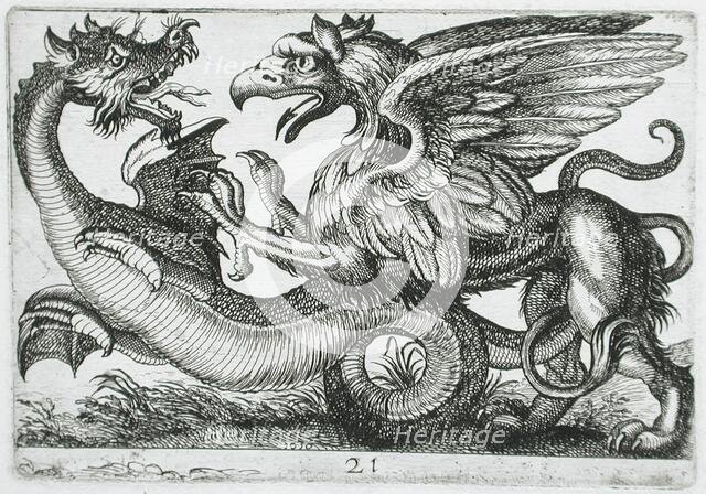 Two Chimerical Animals Fighting, 1610. Creator: Hendrick Hondius I.