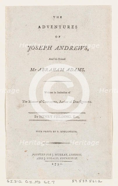 Title Page: "The Adventures of Joseph Andrews, and His Friend Mr. Abraham Adams", 1792., 1792. Creator: Thomas Rowlandson.