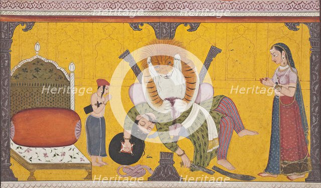 Narasimha Disemboweling Hiranyakashipu, Folio from a Bhagavata Purana, between c1760 and c1770. Creator: Unknown.