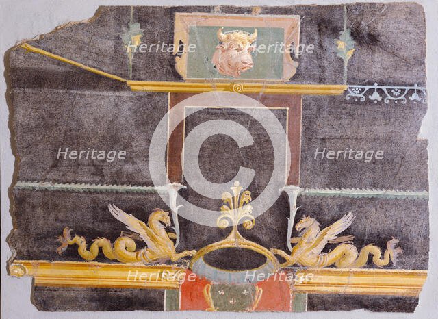 Wall Fragment with Bull's Head and Winged Sea Monsters on Black Ground, A.D. 50-79. Creator: Unknown.