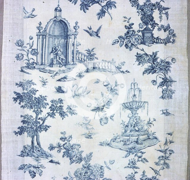 Shakespeare Monument with Fantastic Fountains and Trees (Furnishing Fabric), England, 1770/89. Creator: Unknown.