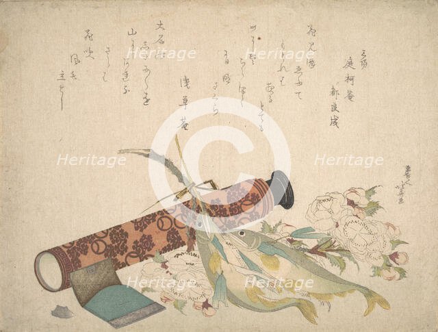 Still Life: Double Cherry-Blossom Branch, Telescope, Sweet Fish, and Tissue Case, c..., ca. 1804-13. Creator: Hokusai.
