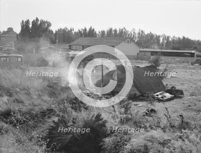 One of the forty potato camps in open field, entering town. Malin, Klamath County, Oregon, 1939. Creator: Dorothea Lange.