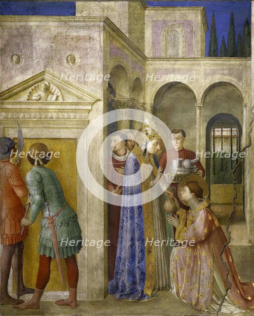 Saint Lawrence Receiving the Treasures of the Church from Pope Sixtus II, c. 1448. Creator: Angelico, Fra Giovanni, da Fiesole (ca. 1400-1455).