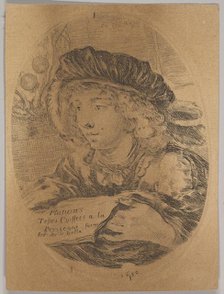 A bust of a young man wearing a cap with feathers, turned three-quarters to the left, the ..., 1650. Creator: Stefano della Bella.