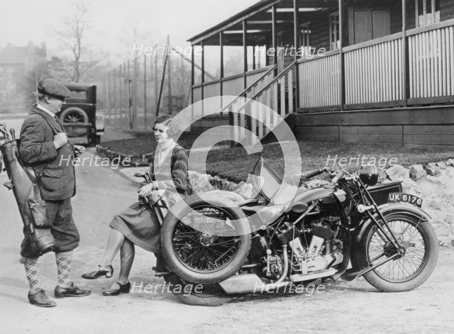 Golfers with a 1939 AJS and sidecar, (c1939?). Artist: Unknown