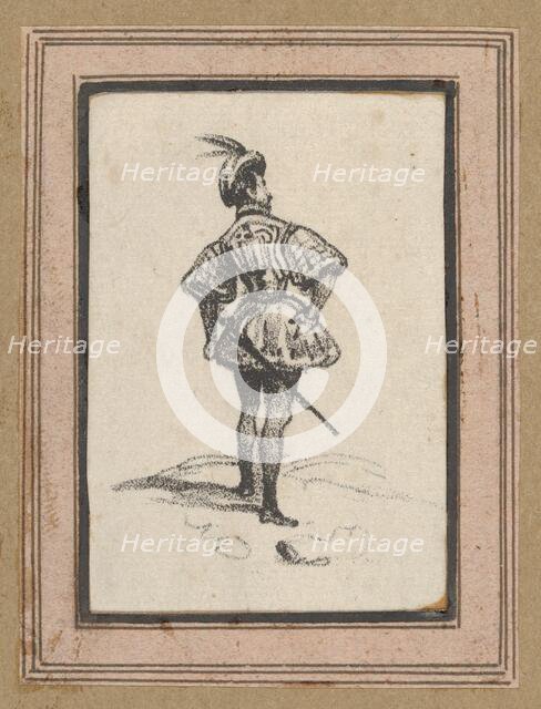 Man with sword and feathered hat, viewed from the back, mid-19th century. Creator: Victor Adam.