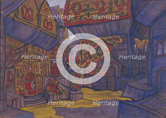 The Court of Prince Vladimir Galitsky. Stage design for the opera Prince Igor by A. Borodin, 1914. Artist: Roerich, Nicholas (1874-1947)