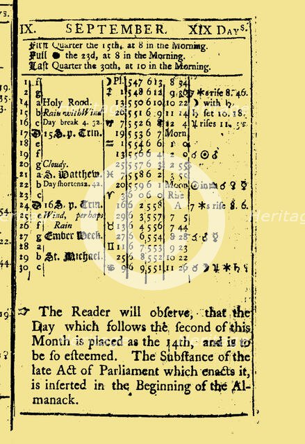 September - 19 days, from The Virginia almanack, for the year of our Lord God 1752, 1751. Creator: Historic Object.