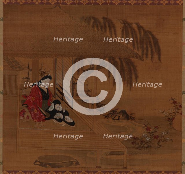 Garden; interior and seated girl, Edo period, 1615-1868. Creator: Furuyama Moroshige.