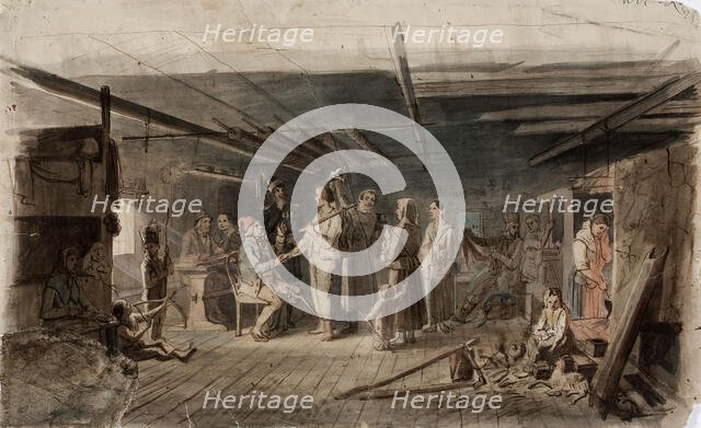 Painting in a gloomy peasant's seat, sketch for an oil painting painted for the Russian..., 1851. Creator: Robert Wilhelm Ekman.