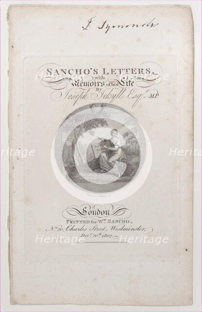 Title Page, "Sancho's Letters, with Memoirs of his Life," by Joseph Jekyll, E..., December 20, 1802. Creator: Francesco Bartolozzi.