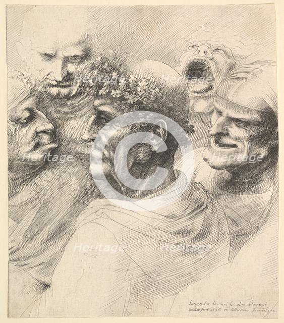 Five grotesque heads, including an elderly man with an oak leaf wreath, 1646. Creator: Wenceslaus Hollar.