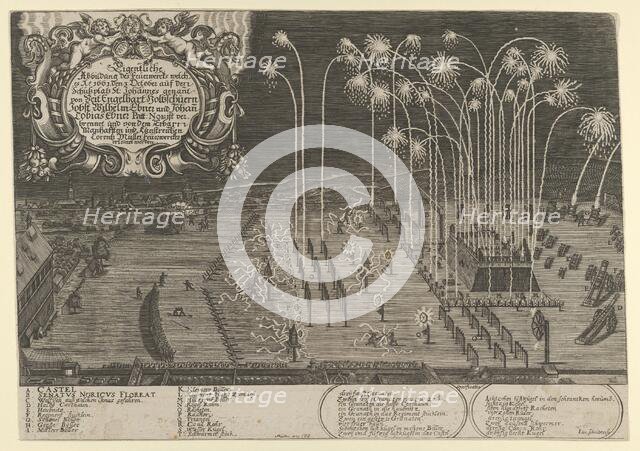 Fireworks display by Engelhart Holtzschuer, Jobst Wilhelm Ebner and Johann Tobias Ebner as..., 1661. Creator: Lukas Schnitzer.
