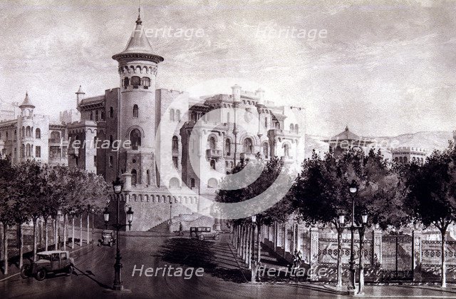 View of the Bruc headquarters on Diagonal Avenue in Barcelona, drawing 1940s.