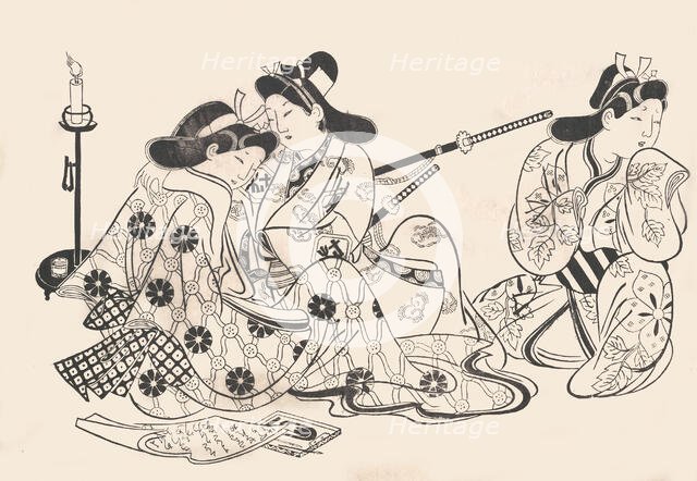 Samurai and Courtesan Seated; A Servant Beside Them, ca. 1685., ca. 1685. Creator: Sugimura Jihei.