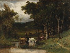 Untitled (landscape with cows in stream near trees), 1882. Creator: Edward Mitchell Bannister.