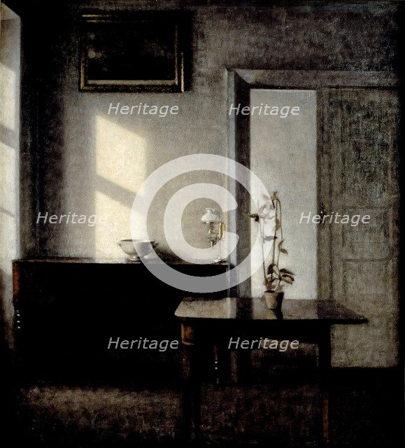 Interior with potted plant on card table, 1910-1911. Artist: Hammershøi, Vilhelm (1864-1916)