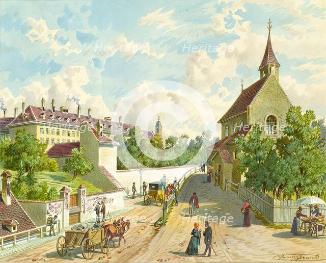Währinger Straße in Vienna with the “Zum Blauen Herrgott” supply house and the “Krawoten..., undated Creator: Franz Gerasch.