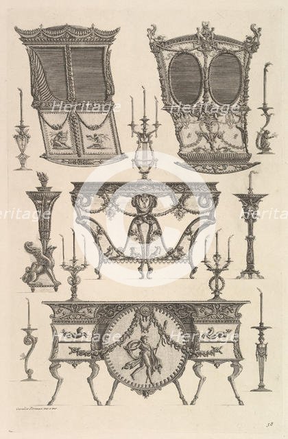 Miscellaneous furniture including two sedan chairs, a side table and a commode (Deux c..., ca. 1769. Creator: Giovanni Battista Piranesi.