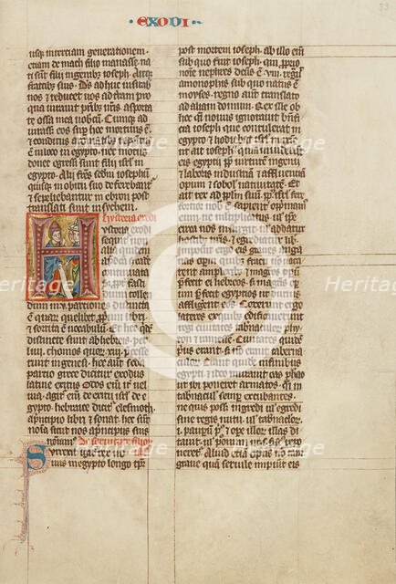 Initial H: Moses Speaking to the Israelites; Historia Scholastica, about 1300. Creator: Unknown.