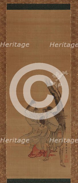 A woman and a wood gatherer under a cherry tree, late 18th-early 19th century. Creator: Tawaraya Sori.